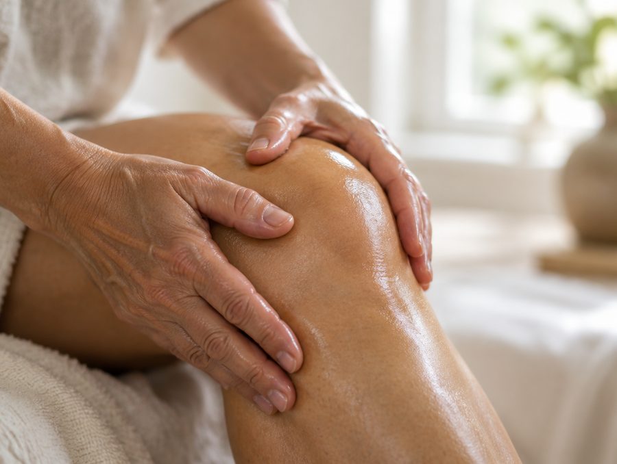 Massaging the oil into a knee