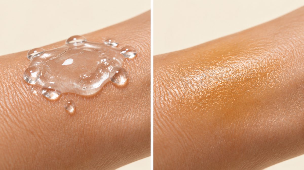 A gel beading on the surface of skin next to an oil absorbing into it