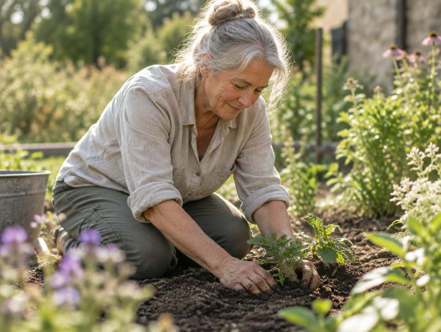 Woman kneeling comfortably in the garden