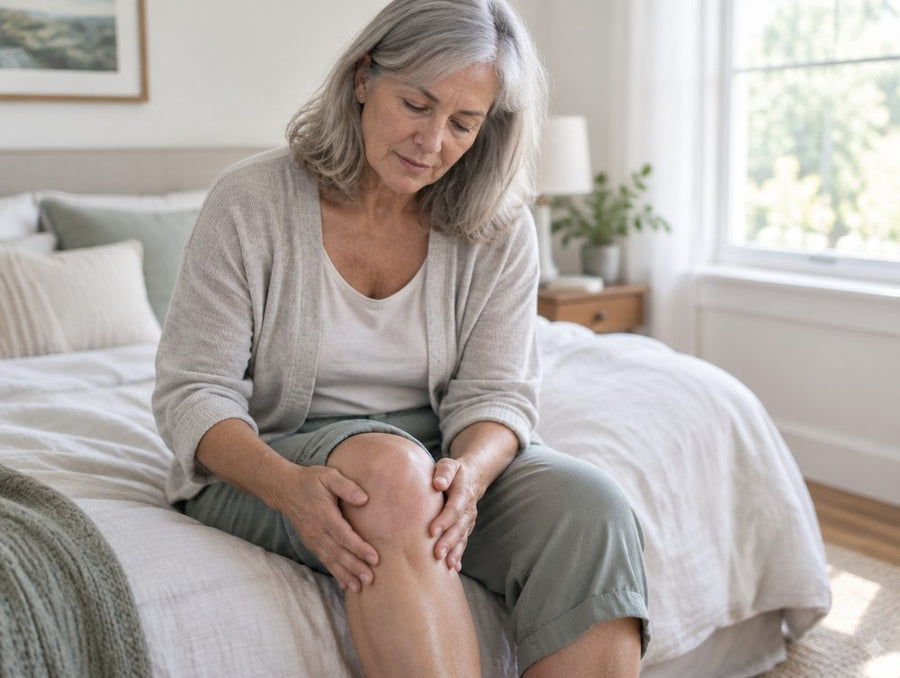 Woman easing a stiff knee in the morning