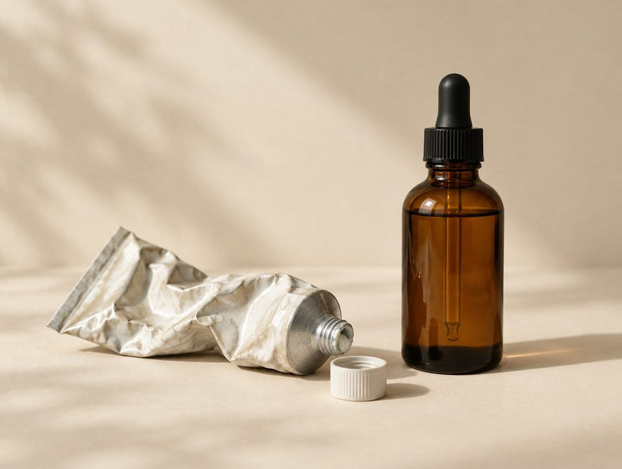 A spent tube of drugstore rub beside a dropper bottle of oil