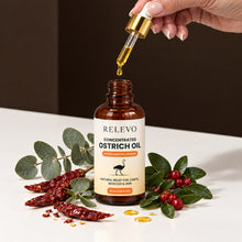 A drop of RELEVO ostrich oil from the glass dropper, with chillies, eucalyptus and wintergreen